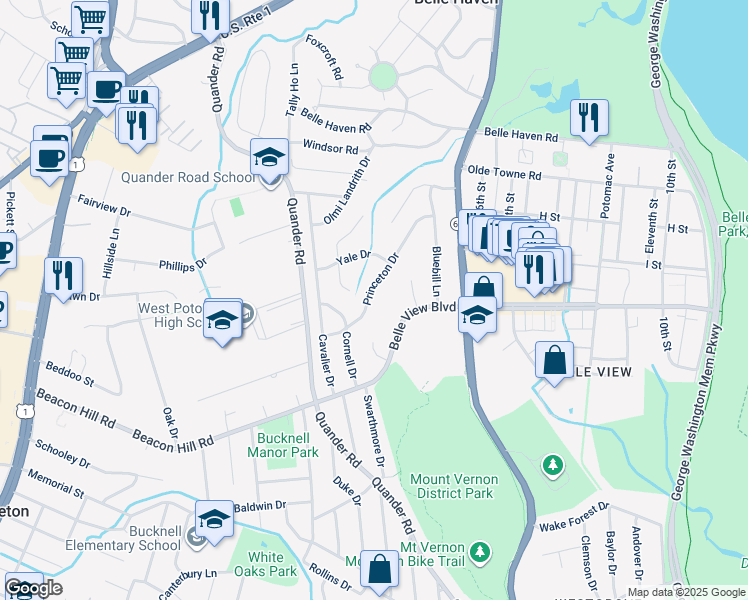 map of restaurants, bars, coffee shops, grocery stores, and more near 6513 Princeton Drive in Alexandria