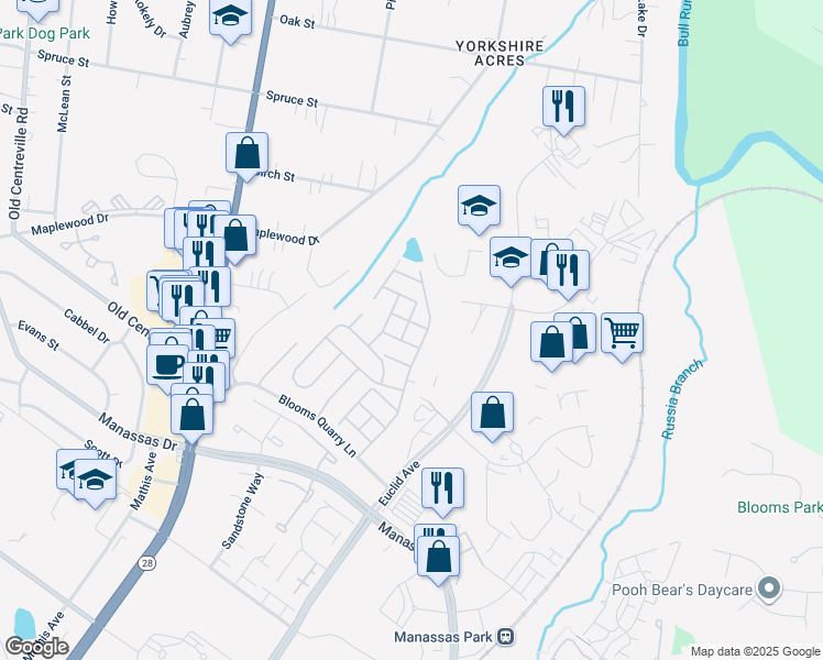 map of restaurants, bars, coffee shops, grocery stores, and more near 8143 Cello Way in Manassas