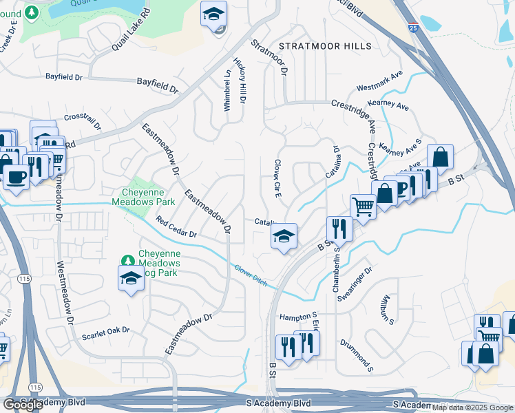 map of restaurants, bars, coffee shops, grocery stores, and more near 3935 Meadowdale Place in Colorado Springs