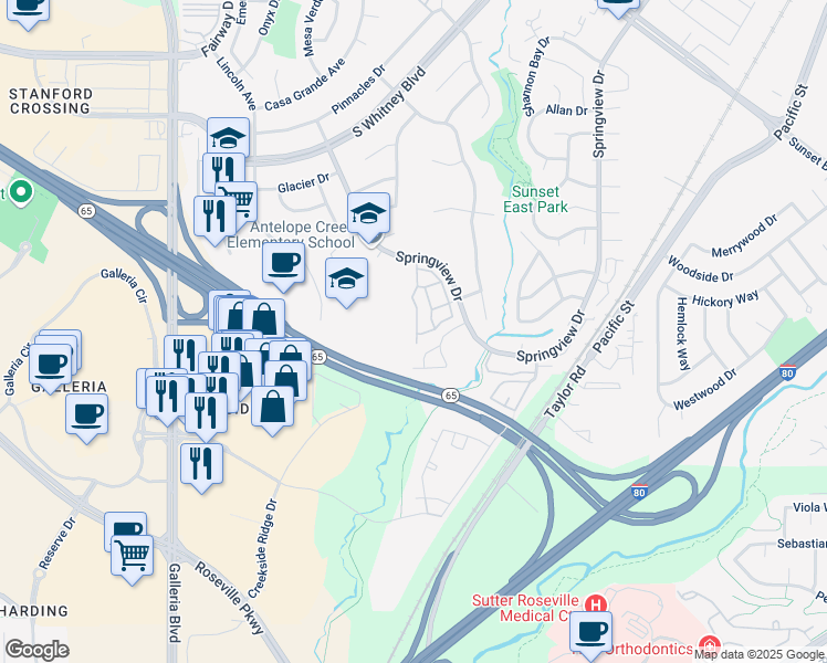 map of restaurants, bars, coffee shops, grocery stores, and more near 6320 Brookside Circle in Rocklin