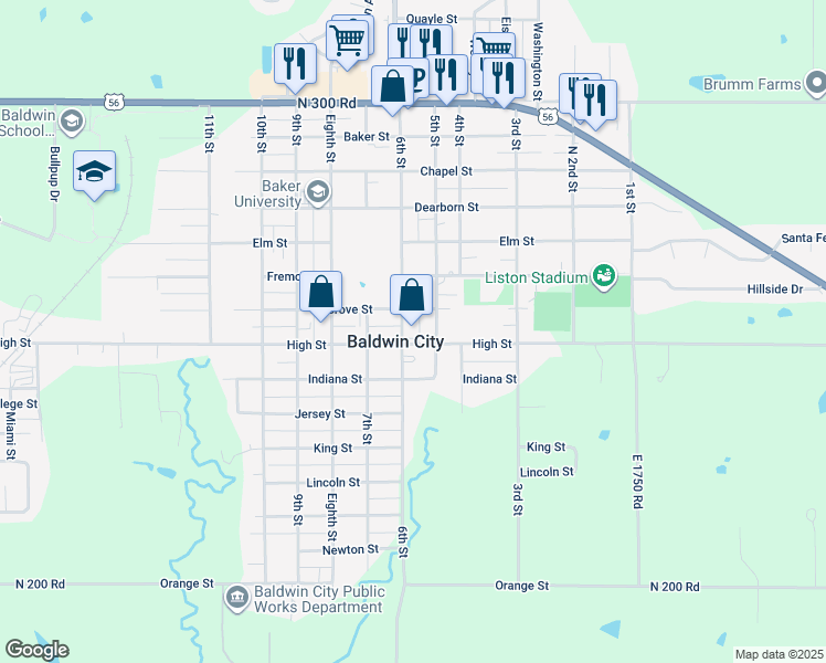 map of restaurants, bars, coffee shops, grocery stores, and more near 520 High Street in Baldwin City