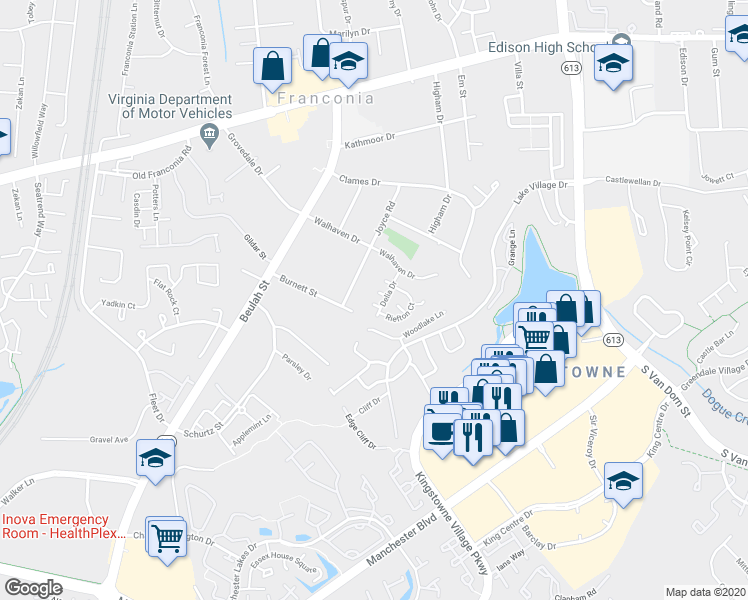 map of restaurants, bars, coffee shops, grocery stores, and more near 6524 Delia Drive in Alexandria