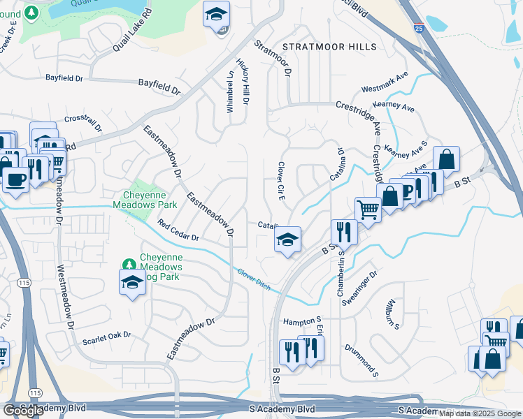 map of restaurants, bars, coffee shops, grocery stores, and more near 3935 Meadowdale Place in Colorado Springs