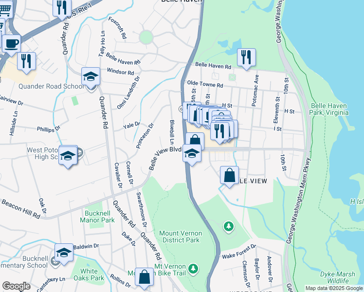 map of restaurants, bars, coffee shops, grocery stores, and more near 1900 Belle View Boulevard in Alexandria