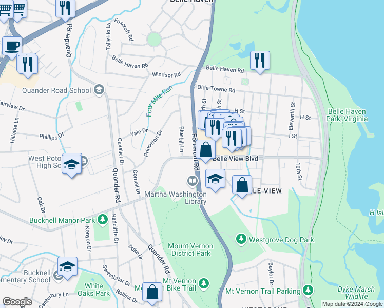 map of restaurants, bars, coffee shops, grocery stores, and more near 1900 Belle View Boulevard in Alexandria