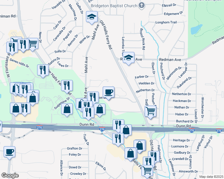 map of restaurants, bars, coffee shops, grocery stores, and more near 2756 Glyndebourne Drive in St. Louis