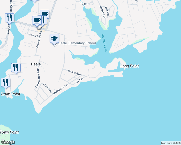 map of restaurants, bars, coffee shops, grocery stores, and more near 6049 Parkers Creek Drive in Deale