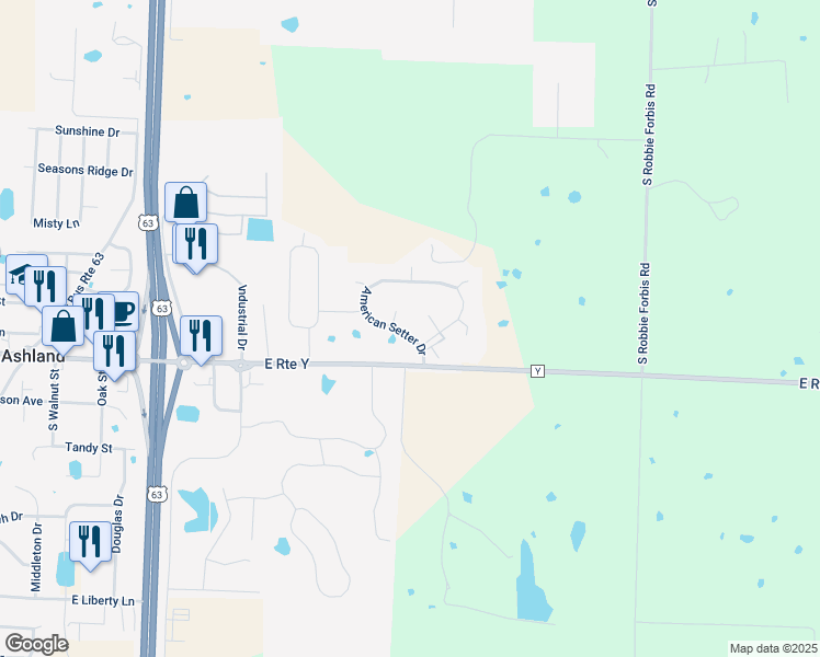 map of restaurants, bars, coffee shops, grocery stores, and more near 6646 American Setter Drive in Ashland