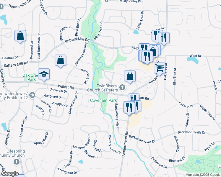 map of restaurants, bars, coffee shops, grocery stores, and more near 883 Boca Raton Drive in Saint Peters
