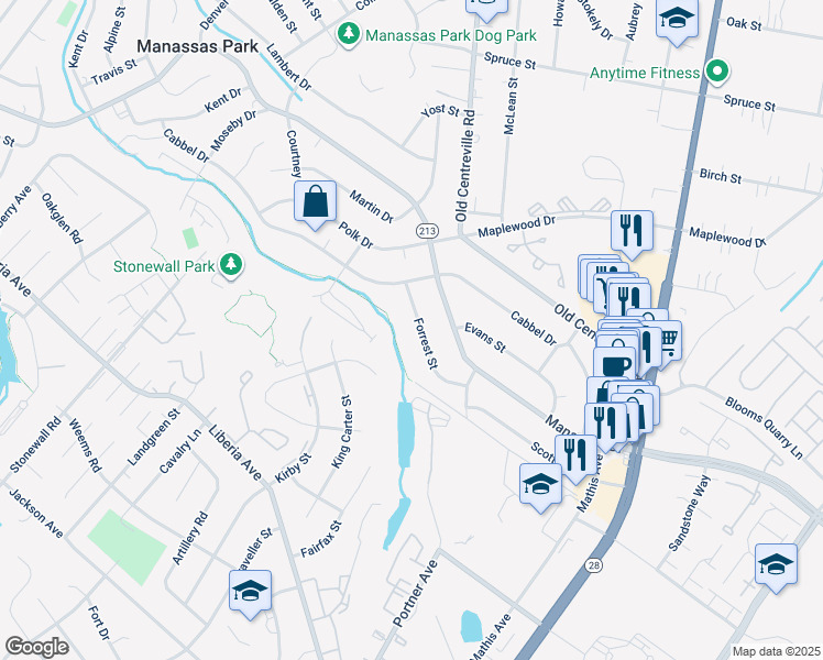 map of restaurants, bars, coffee shops, grocery stores, and more near 131 Forrest Street in Manassas Park