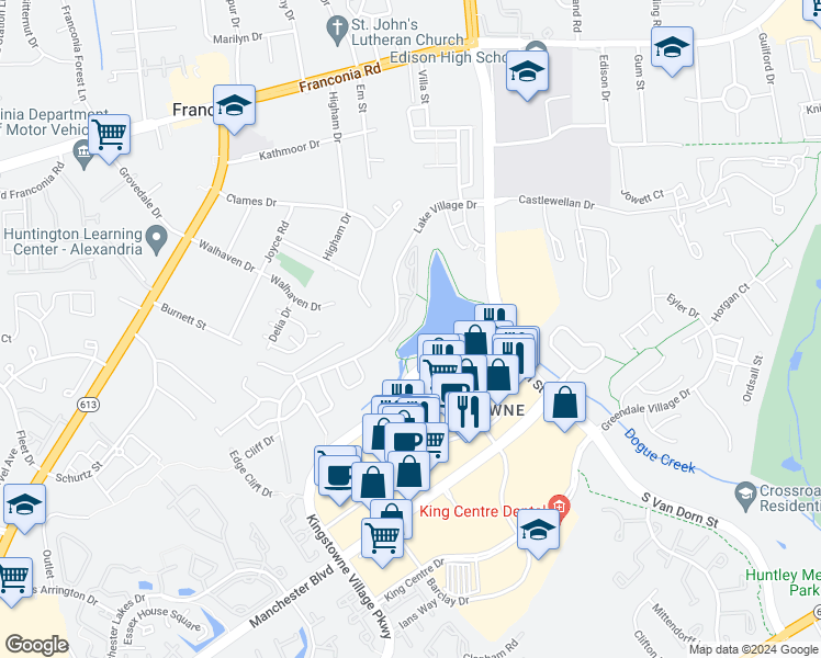 map of restaurants, bars, coffee shops, grocery stores, and more near 6573 Grange Lane in Alexandria