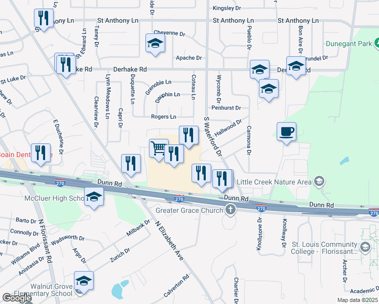 map of restaurants, bars, coffee shops, grocery stores, and more near 70 Grandview Plaza Shopping Center in Florissant