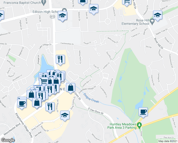 map of restaurants, bars, coffee shops, grocery stores, and more near 6607 Thorpe Terrace in Alexandria