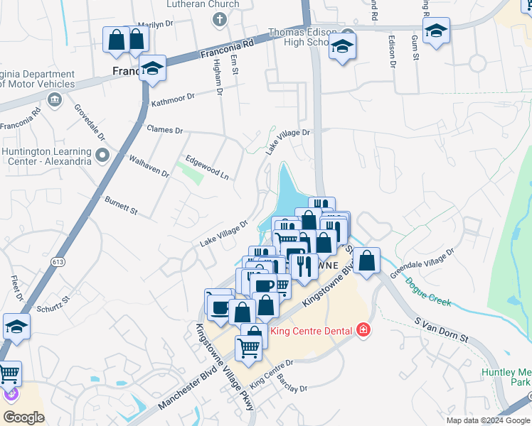 map of restaurants, bars, coffee shops, grocery stores, and more near 6573 Grange Lane in Alexandria