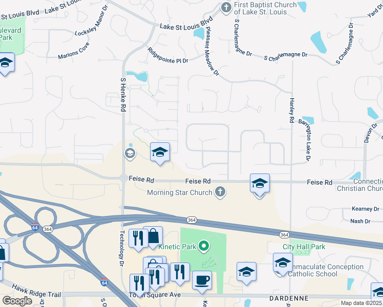 map of restaurants, bars, coffee shops, grocery stores, and more near 1068 Dardenne Woods Drive in Dardenne Prairie