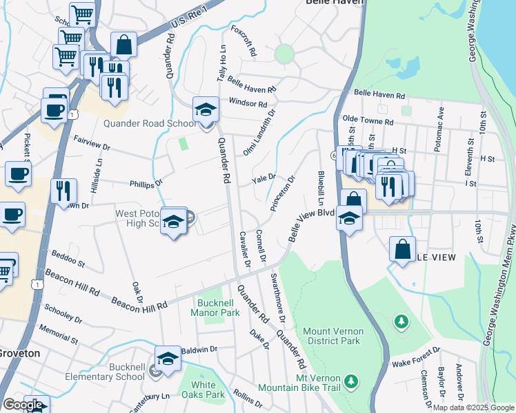 map of restaurants, bars, coffee shops, grocery stores, and more near 6512 Cygnet Drive in Alexandria