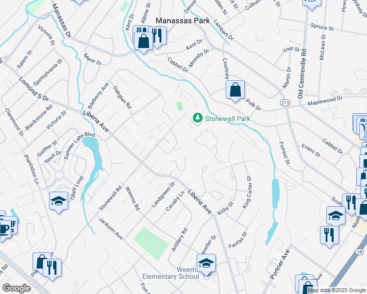 map of restaurants, bars, coffee shops, grocery stores, and more near 8393 Oakgrove Court in Manassas