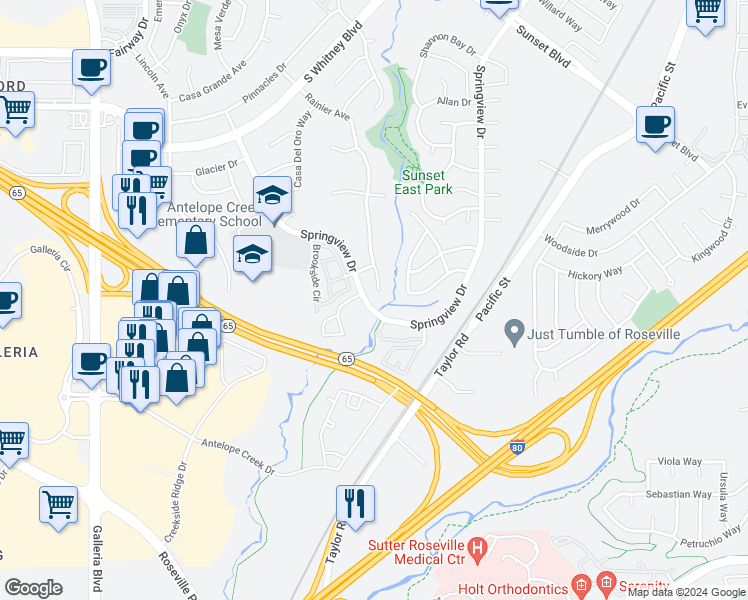 map of restaurants, bars, coffee shops, grocery stores, and more near 6424 Rainier Court in Rocklin