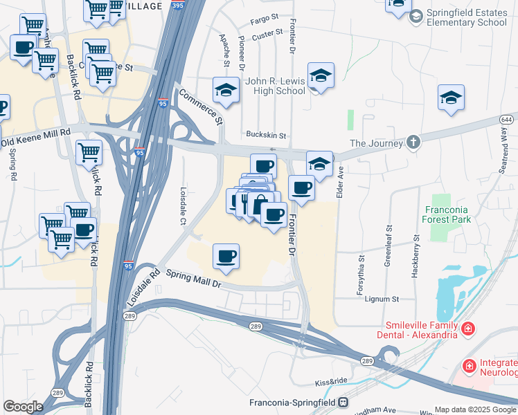 map of restaurants, bars, coffee shops, grocery stores, and more near 6500 Spring Mall Road in Springfield