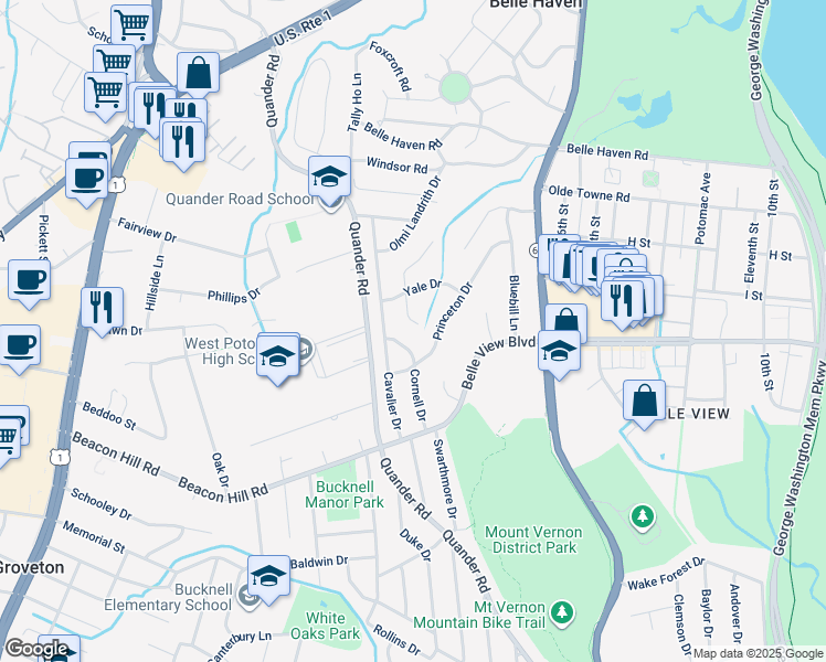 map of restaurants, bars, coffee shops, grocery stores, and more near 6512 Cygnet Drive in Alexandria