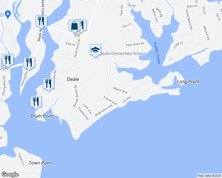 map of restaurants, bars, coffee shops, grocery stores, and more near 798 Masons Beach Road in Deale