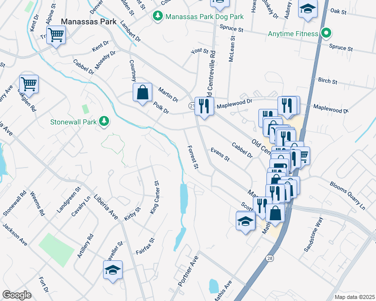 map of restaurants, bars, coffee shops, grocery stores, and more near 131 Forrest Street in Manassas Park