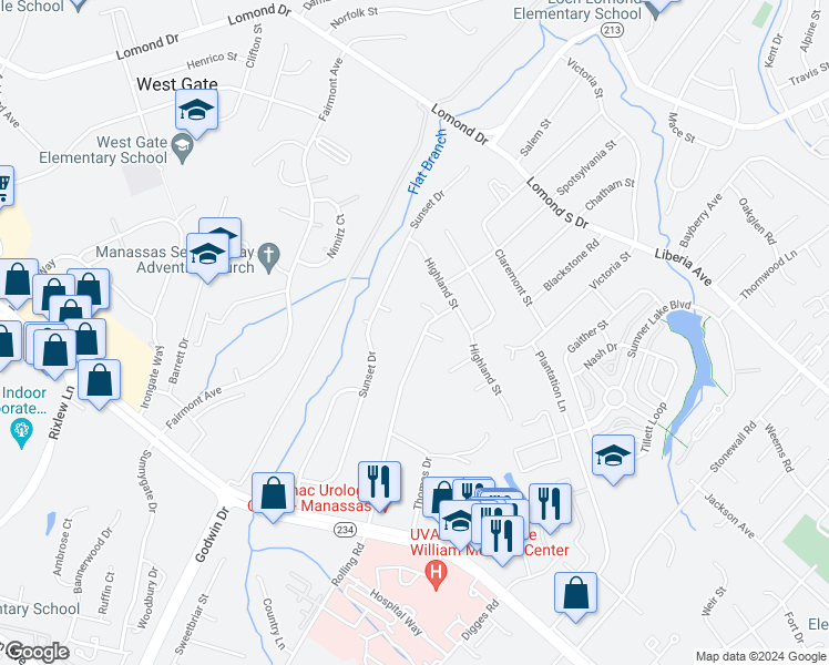 map of restaurants, bars, coffee shops, grocery stores, and more near 8306 Rolling Road in Manassas