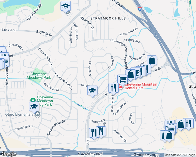 map of restaurants, bars, coffee shops, grocery stores, and more near 582 Catalina Drive in Colorado Springs