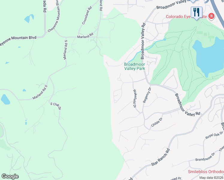 map of restaurants, bars, coffee shops, grocery stores, and more near 445 Roxbury Circle in Colorado Springs