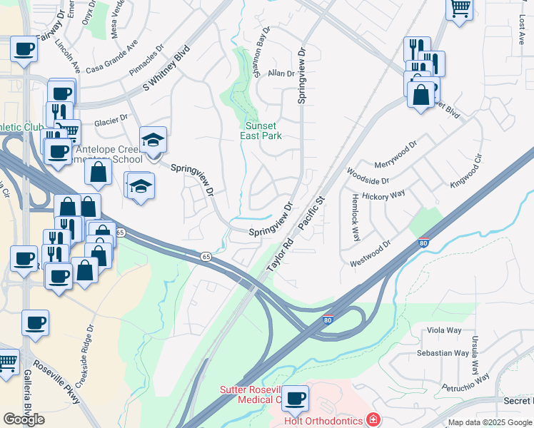 map of restaurants, bars, coffee shops, grocery stores, and more near in Rocklin
