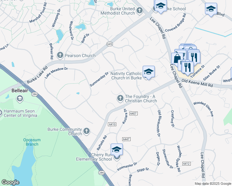 map of restaurants, bars, coffee shops, grocery stores, and more near 9810 Sheads Court in Burke