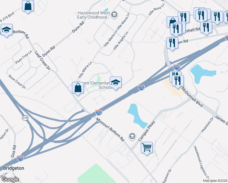 map of restaurants, bars, coffee shops, grocery stores, and more near 1400 Ville Rosa Lane in Hazelwood