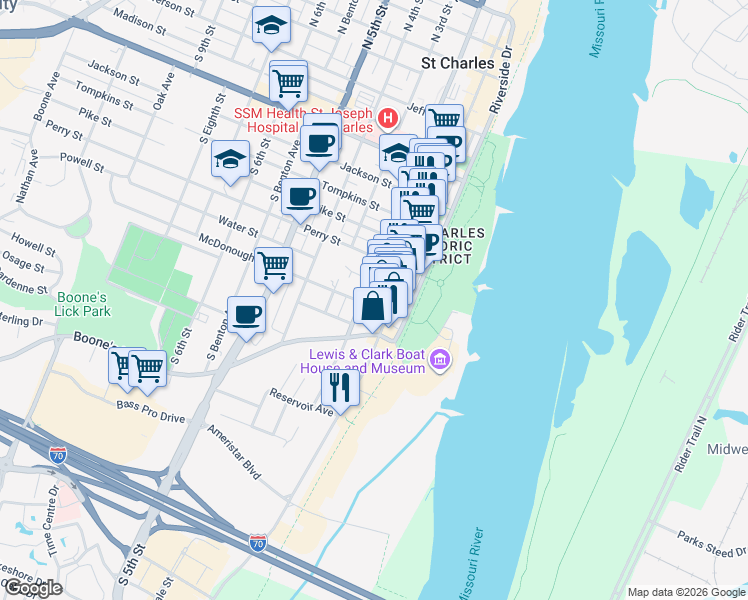 map of restaurants, bars, coffee shops, grocery stores, and more near 828 South Main Street in Saint Charles