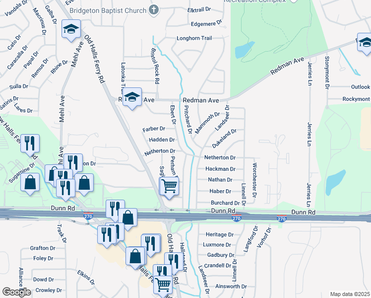 map of restaurants, bars, coffee shops, grocery stores, and more near 2618 Netherton Drive in St. Louis