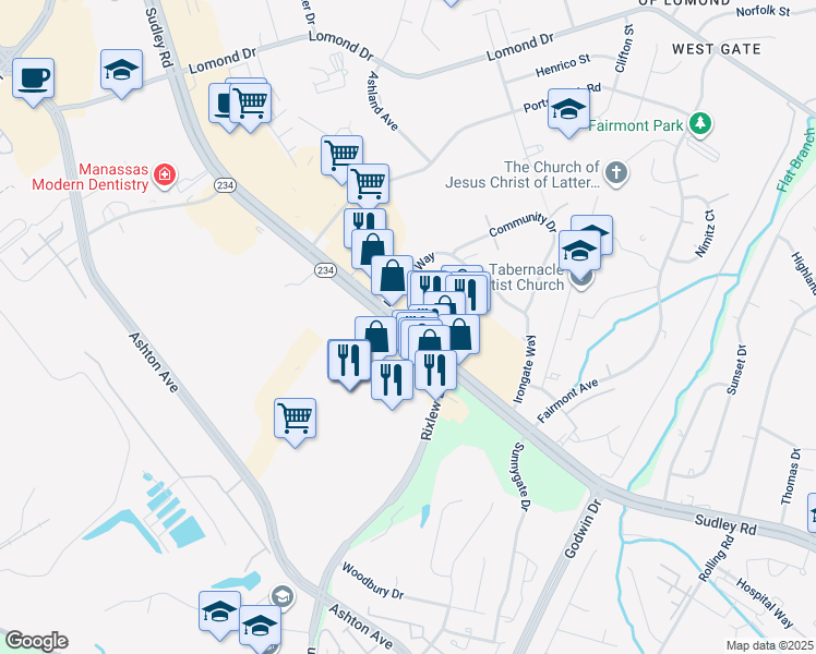 map of restaurants, bars, coffee shops, grocery stores, and more near 8313 Sudley Road in Manassas