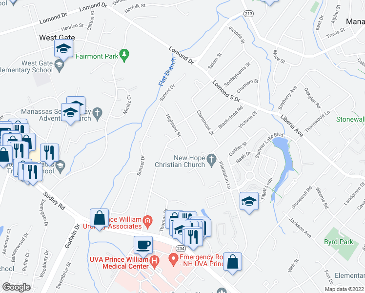 map of restaurants, bars, coffee shops, grocery stores, and more near 8268 Highland Street in Manassas