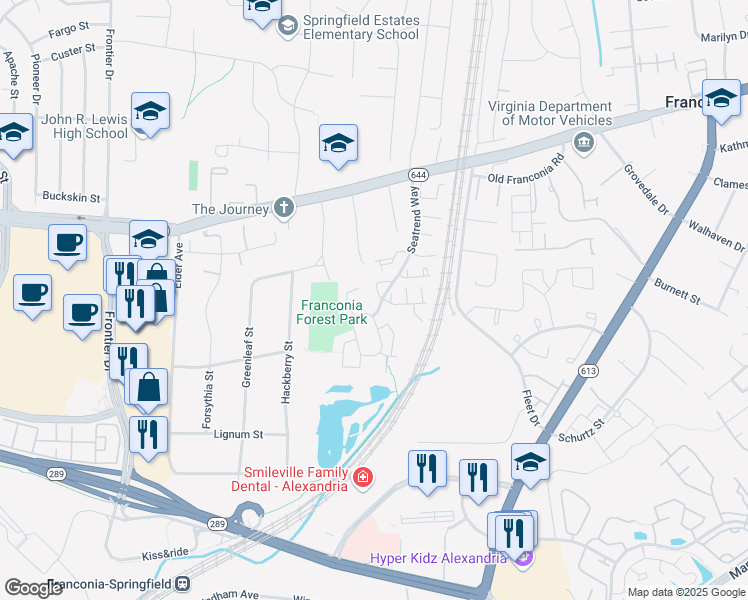 map of restaurants, bars, coffee shops, grocery stores, and more near 6412 Andrew Matthew Terrace in Springfield