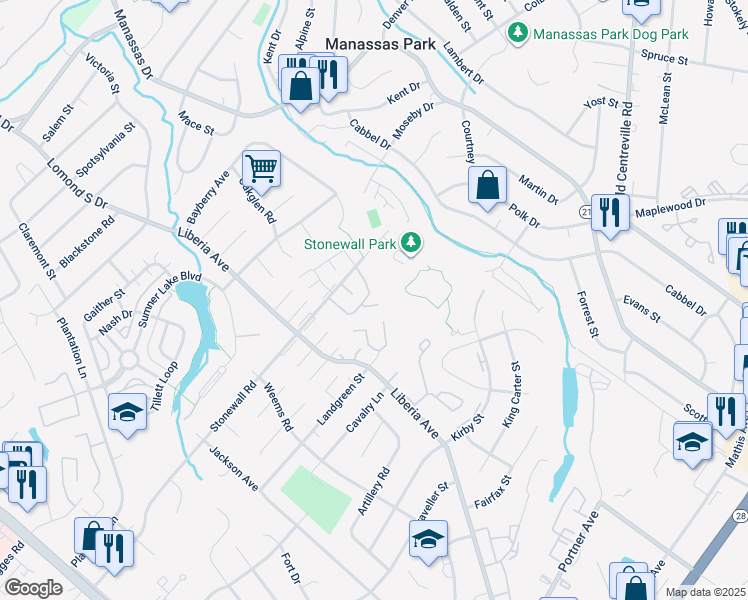 map of restaurants, bars, coffee shops, grocery stores, and more near 8385 Oakgrove Court in Manassas