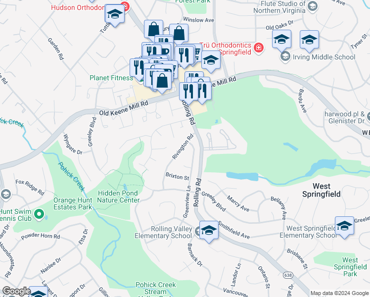 map of restaurants, bars, coffee shops, grocery stores, and more near 6409 Rivington Road in West Springfield