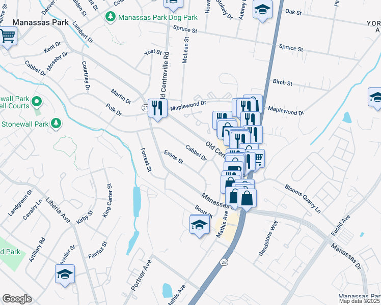 map of restaurants, bars, coffee shops, grocery stores, and more near 121 Cabbel Drive in Manassas Park