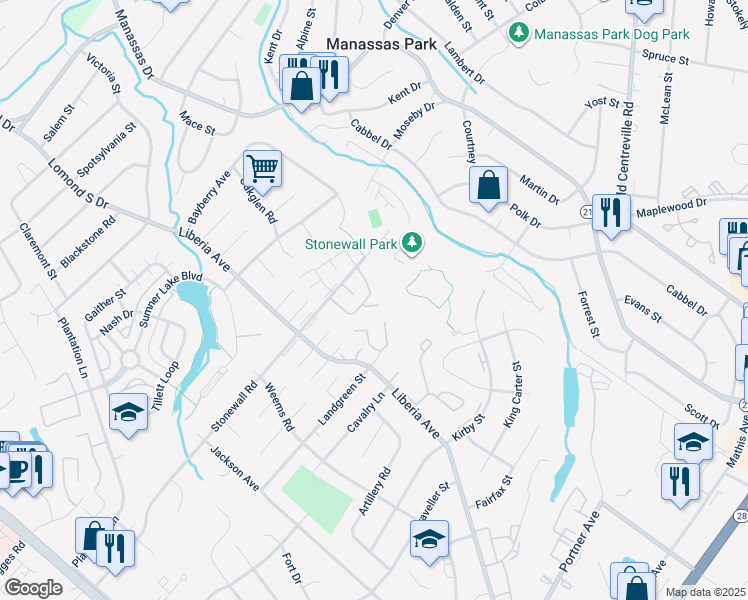map of restaurants, bars, coffee shops, grocery stores, and more near 8385 Oakgrove Court in Manassas