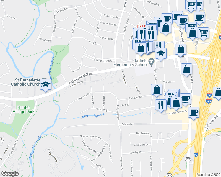 map of restaurants, bars, coffee shops, grocery stores, and more near 6655 Ridgeway Drive in Springfield