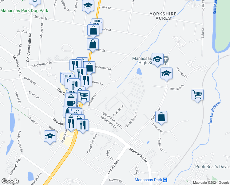 map of restaurants, bars, coffee shops, grocery stores, and more near 8101 Breezy Knoll Drive in Manassas