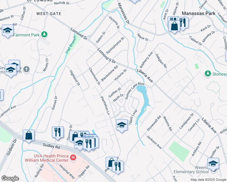 map of restaurants, bars, coffee shops, grocery stores, and more near 8355 Gaither Street in Manassas