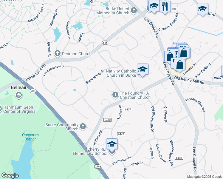map of restaurants, bars, coffee shops, grocery stores, and more near 9810 Sheads Court in Burke
