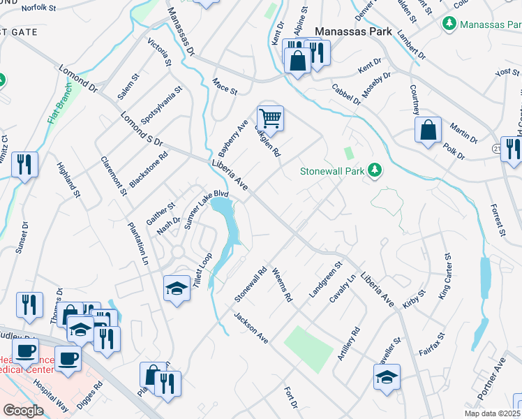 map of restaurants, bars, coffee shops, grocery stores, and more near 8310 Liberia Avenue in Manassas