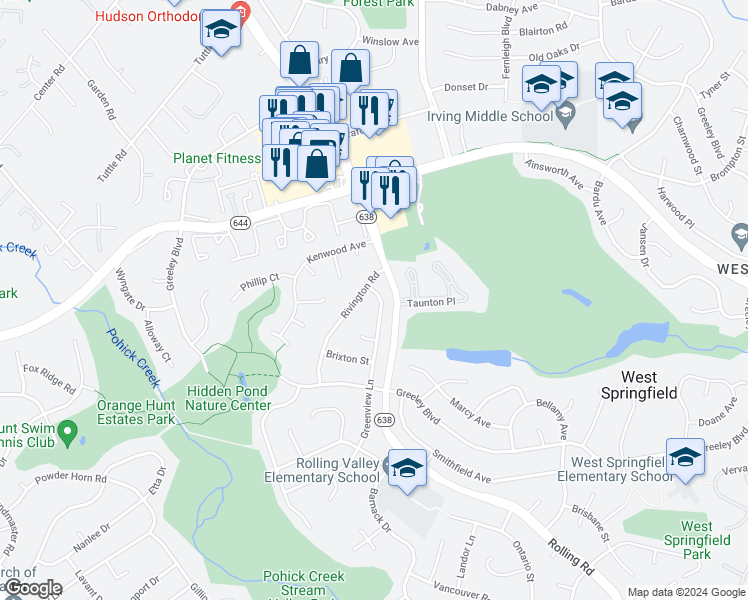 map of restaurants, bars, coffee shops, grocery stores, and more near 6504 Greenview Lane in West Springfield