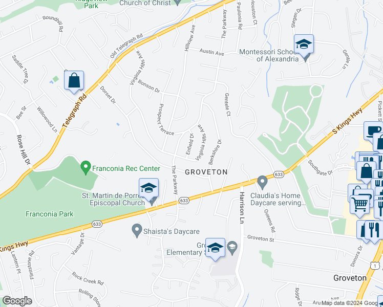 map of restaurants, bars, coffee shops, grocery stores, and more near 6515 Enfield Drive in Alexandria