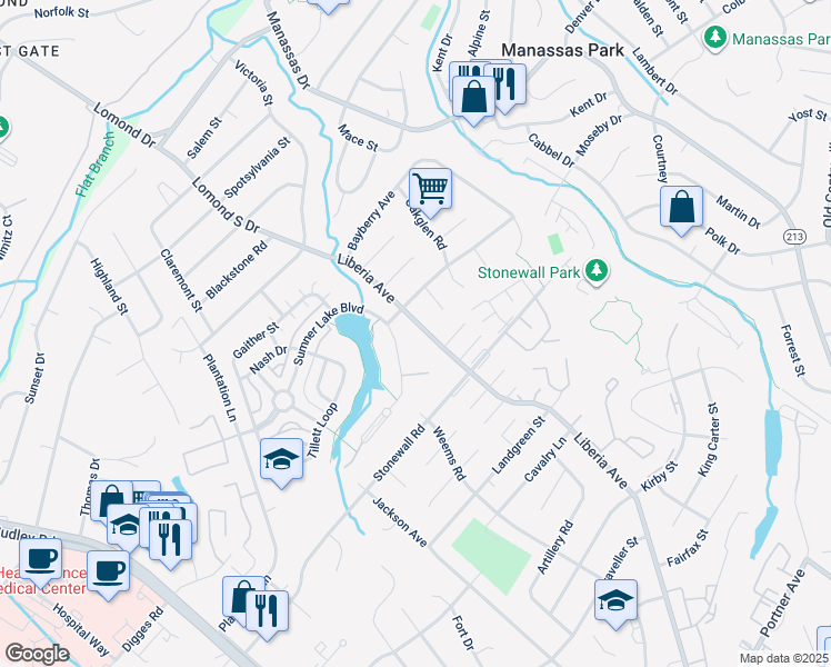 map of restaurants, bars, coffee shops, grocery stores, and more near 8310 Liberia Avenue in Manassas