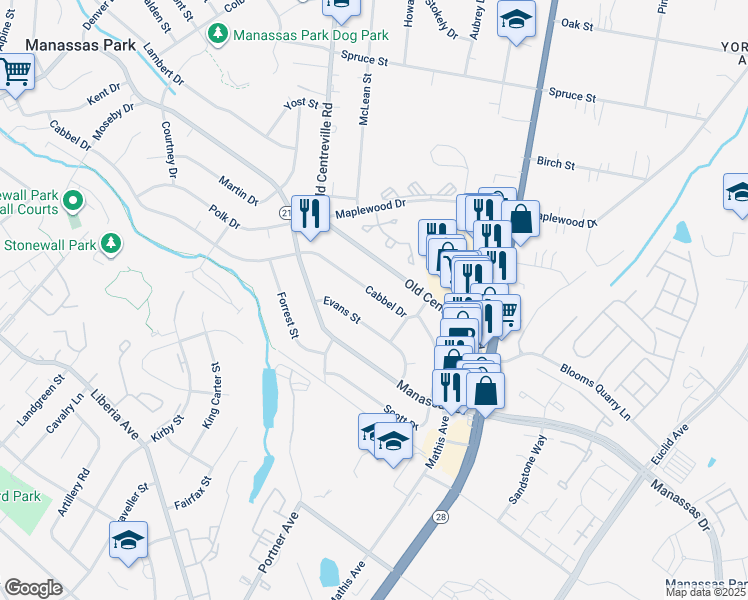 map of restaurants, bars, coffee shops, grocery stores, and more near 121 Cabbel Drive in Manassas Park